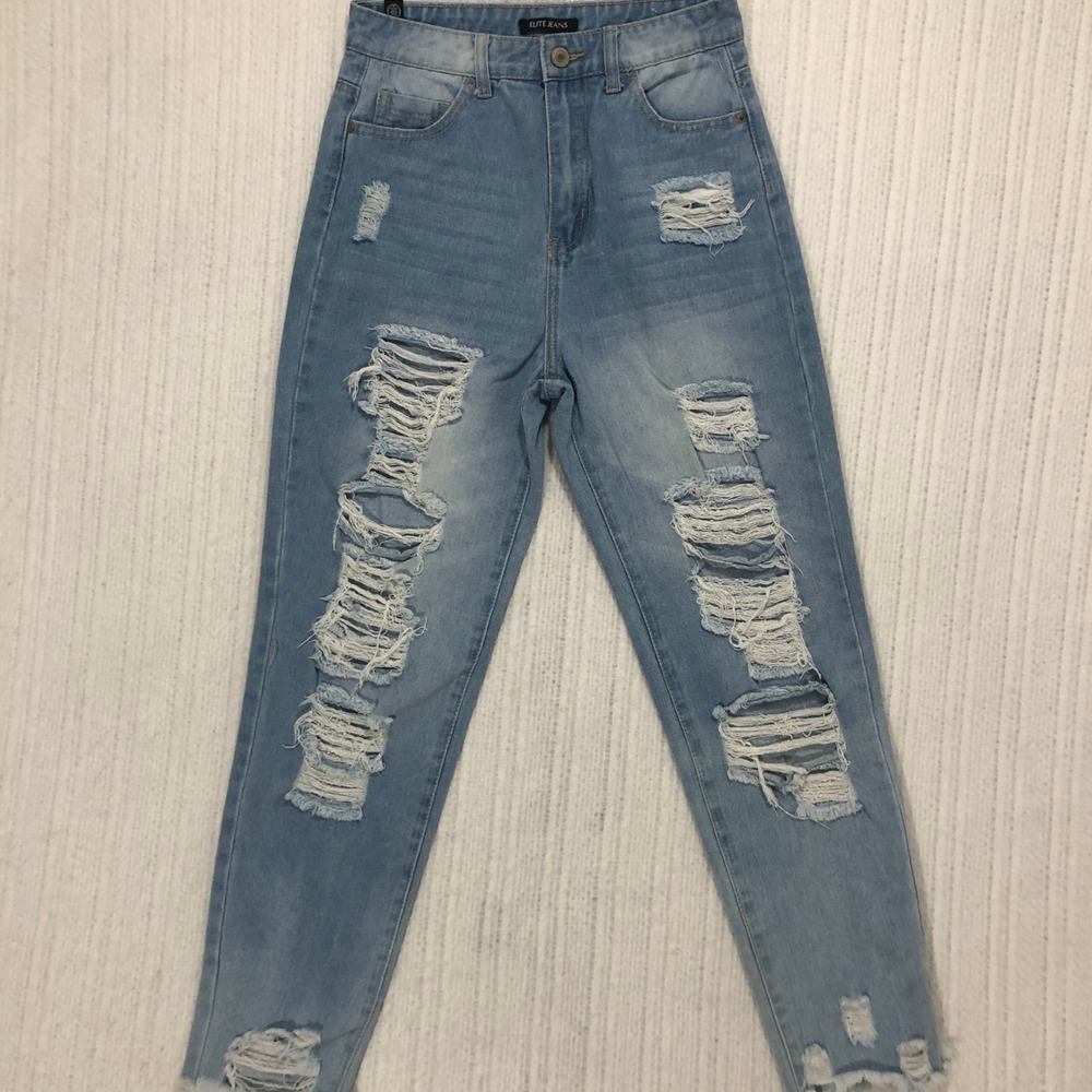 Elite Jeans Womens Light Wash Heavily Distressed High Rise Tapered Denim Jeans